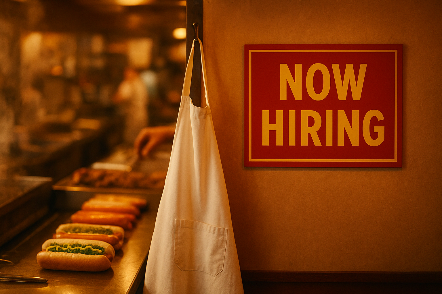 Now hiring at Jimmy's Chicago Style — Chicago-style hot dogs and an apron in a warm restaurant kitchen